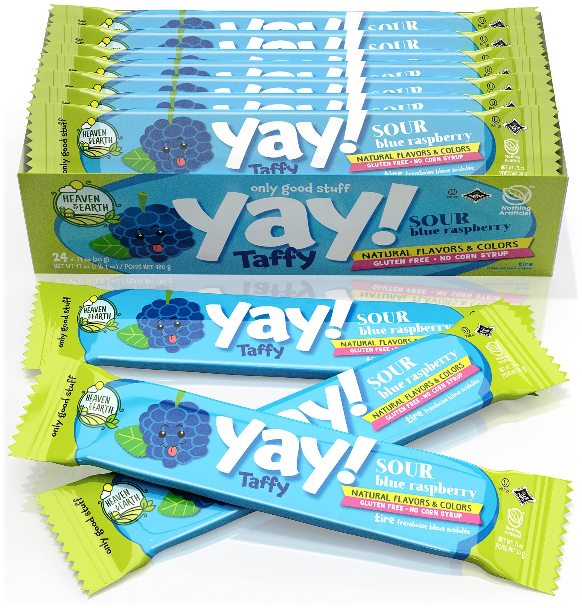HEAVEN & EARTH Sour Blue Raspberry Taffy (24 Pack) | Dye Free, Gluten Free, Kosher, No High Fructose Corn Syrup
