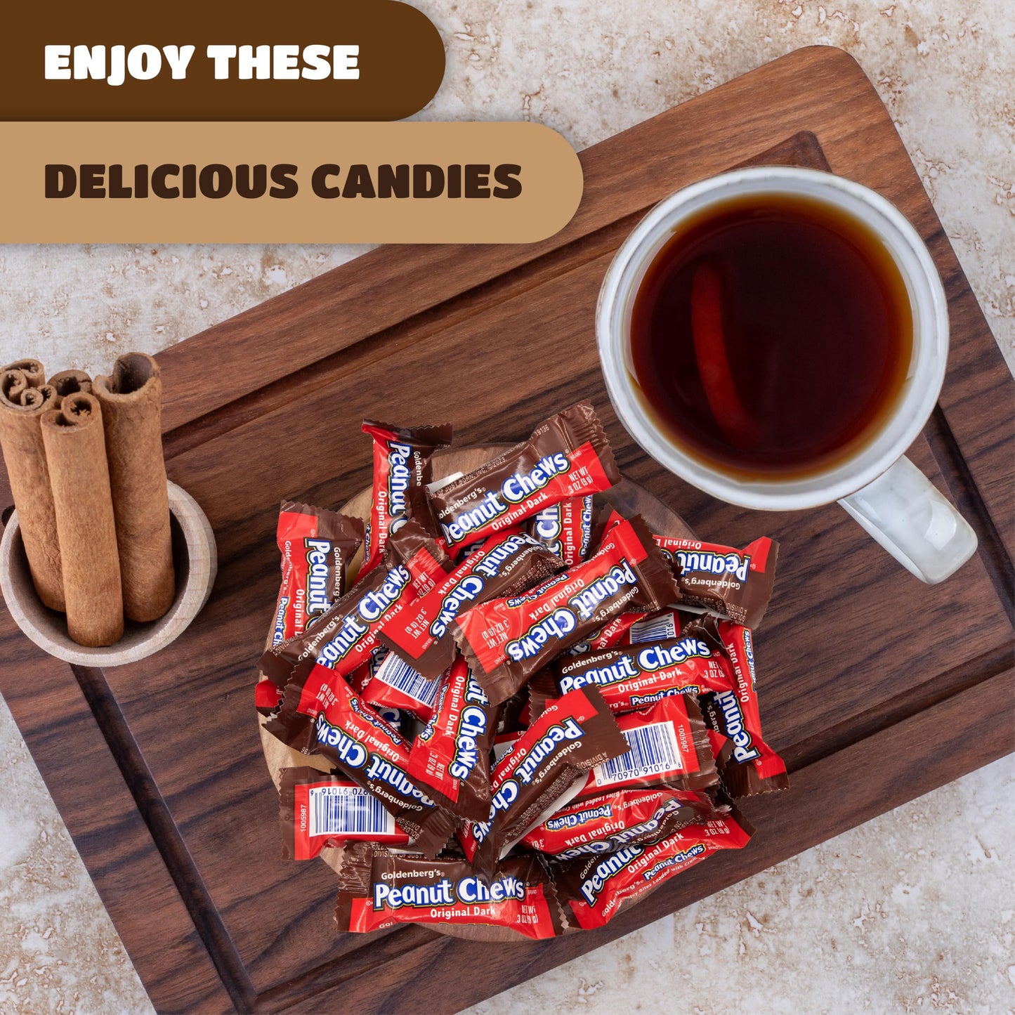 CRAZYOUTLET Goldenbergs Peanut Chews Original Dark Chocolate Candy - 32 Ounces Bulk Bag - Individually Wrapped Chewy Bars