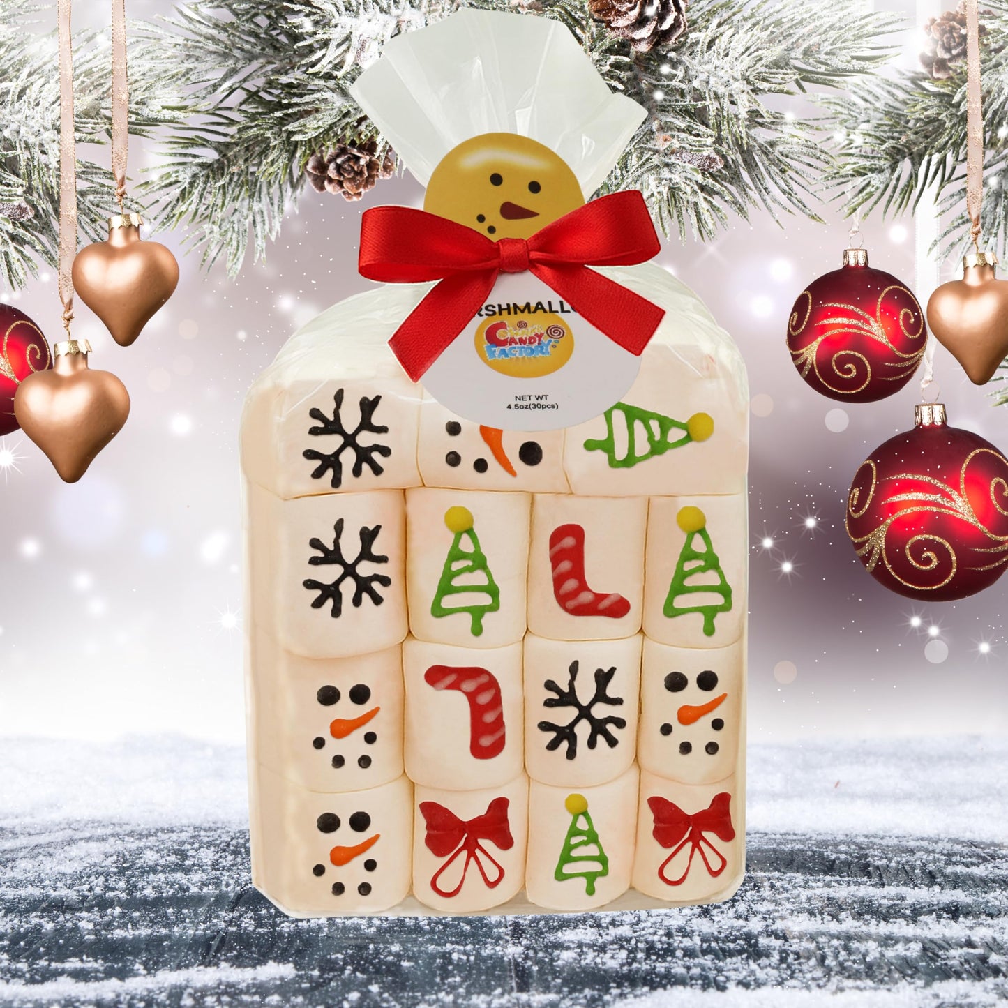 30 Count Christmas Marshmallow Gift Pack, Soft & Fluffy Vanilla Marshmallows, Festive Holiday  , Cute Snowman Packaging, Perfect For Gifting, Hot Chocolate, & Stocking Stuffers, 4.5 Oz 30 Count