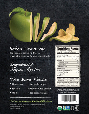 Bare Baked Crunchy Organic Apple Chips, Granny Smith, Gluten Free, 3 Ounce Bag, 6 Count