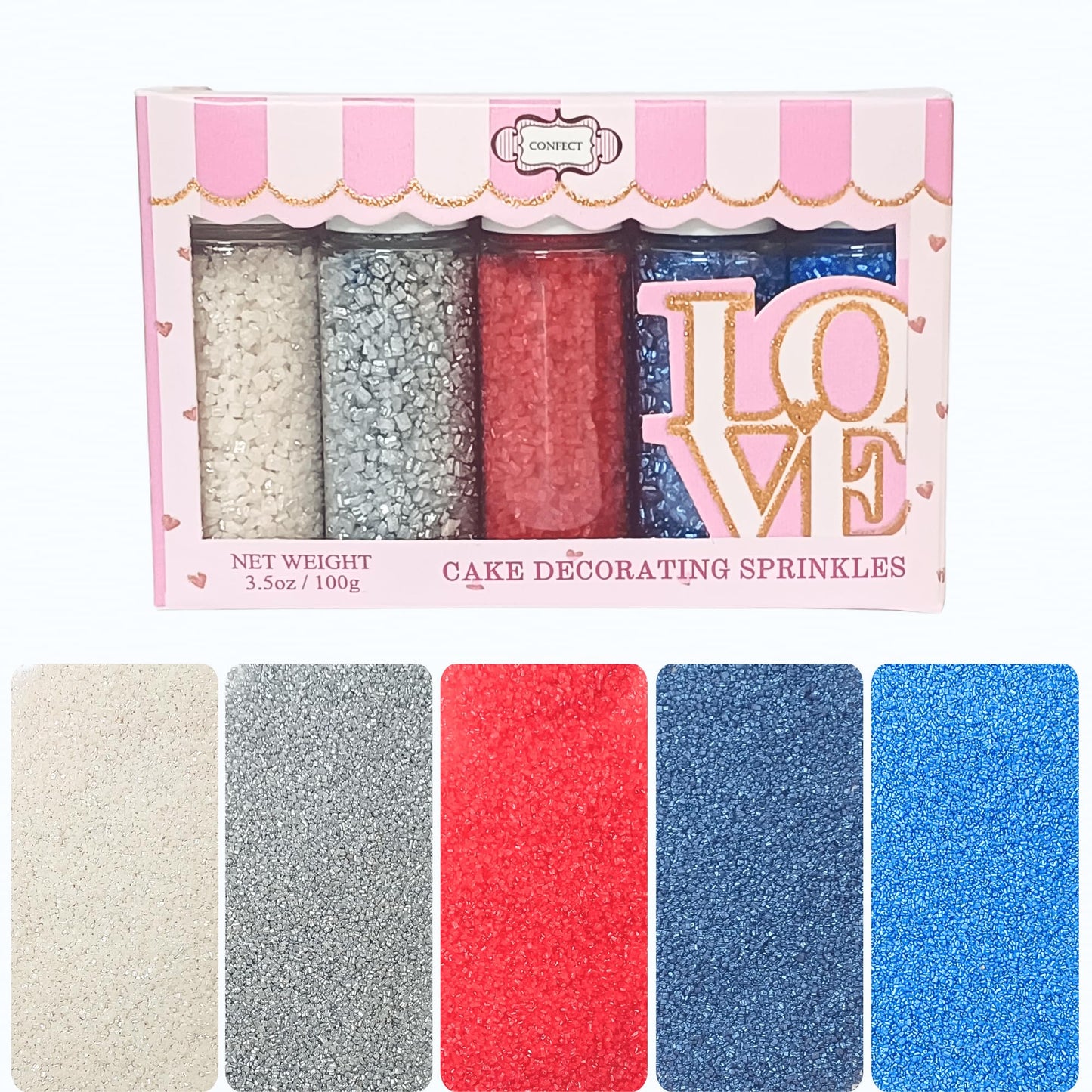 Confect Edible Cake Sprinkles Patriotic Mix Red, White, Blue & Silver 5 Oz Vegan Gluten-Free