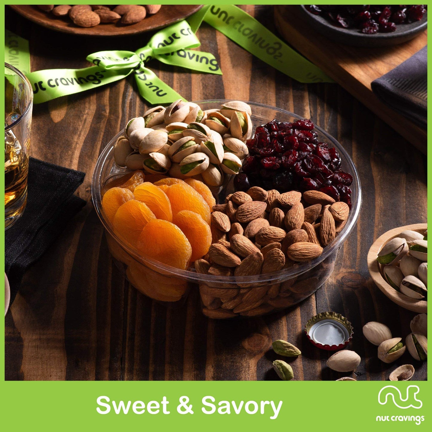 NUT CRAVINGS Gourmet Collection - Rosh Hashana & Shana Tova Dried Fruit & Mixed Nuts Gift Basket + Green Ribbon (4 Assortments)