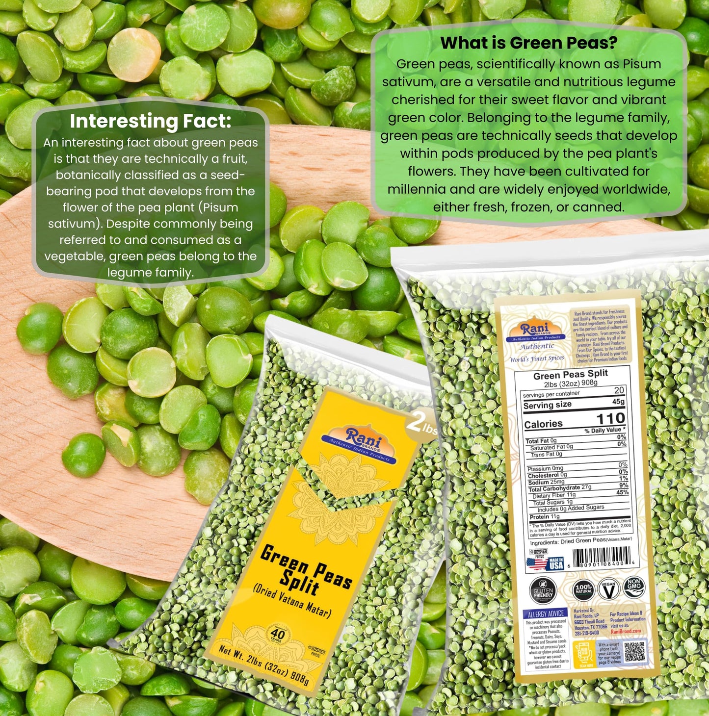 Rani Green Peas Split, Dried (Vatana, Matar) 32Oz (2Lbs) 908G ~ All Natural | Vegan | Gluten Friendly | Kosher | Product Of Usa