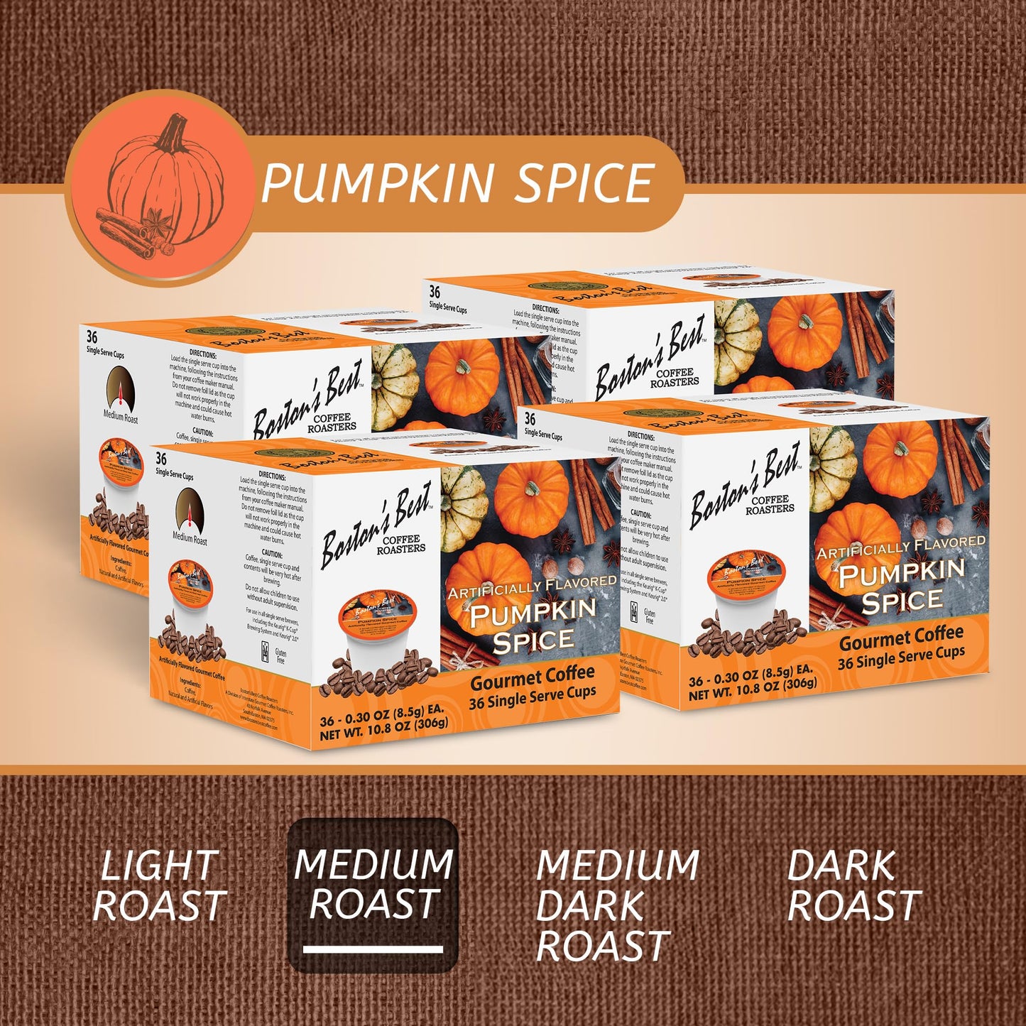 Bostons Best Pumpkin Spice Coffee, Medium Roast, 144 Single Serve Cups, Compatible with Keurig Coffee Maker