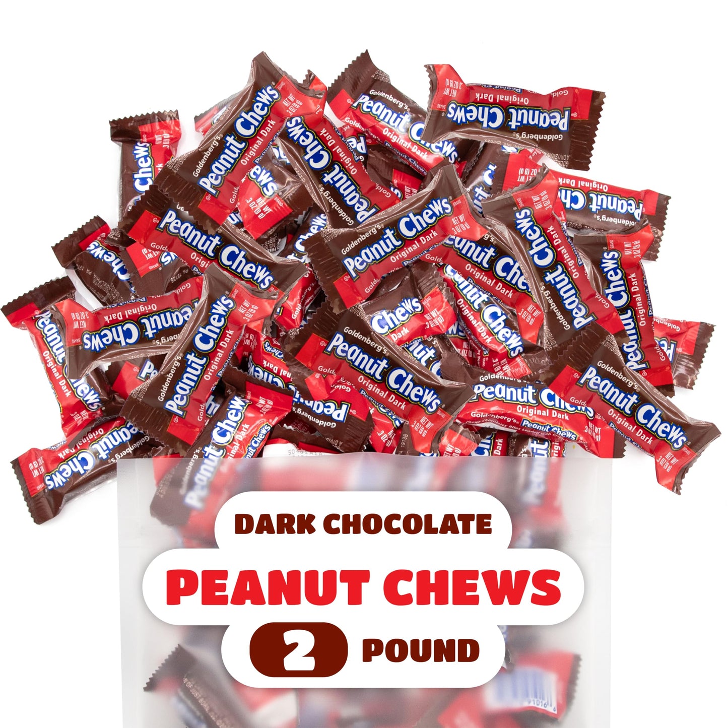 CRAZYOUTLET Goldenbergs Peanut Chews Original Dark Chocolate Candy - 32 Ounces Bulk Bag - Individually Wrapped Chewy Bars