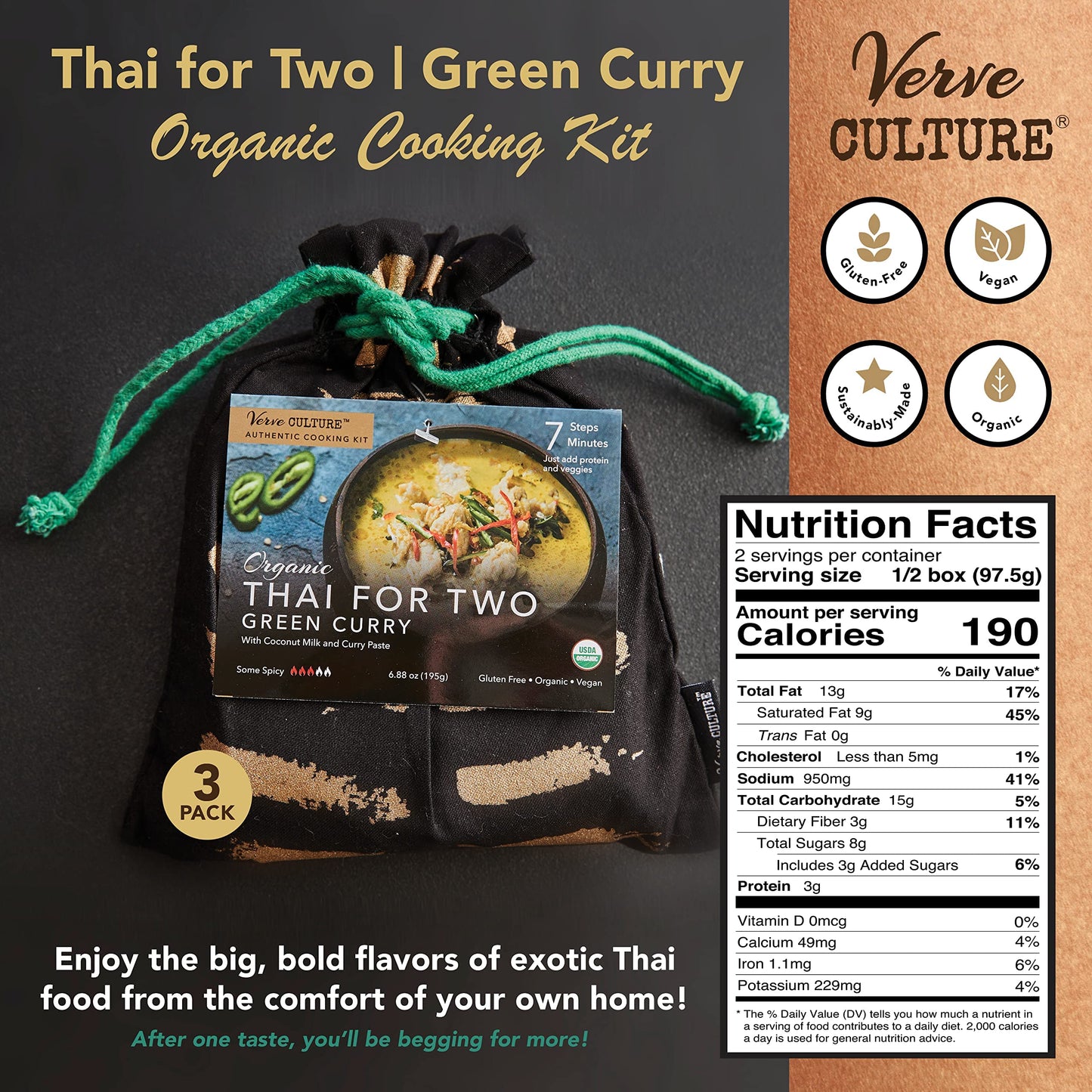 Thai For Two Cooking Kit By Verve Culture | Usda-Organic Green Curry Cooking Kit | Authentic Thai Cuisine | Unique Cooking Gift