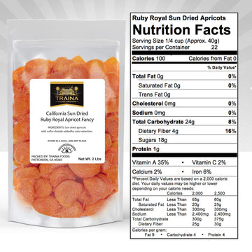 Traina Home Grown California Sun Dried Ruby Royal Apricot Halves - Seasonal/Limited - Healthy, No Sugar Added, Non Gmo, Gluten Free, Kosher Certified, Vegan, Packed In Resealable Pouch (2 Lbs)