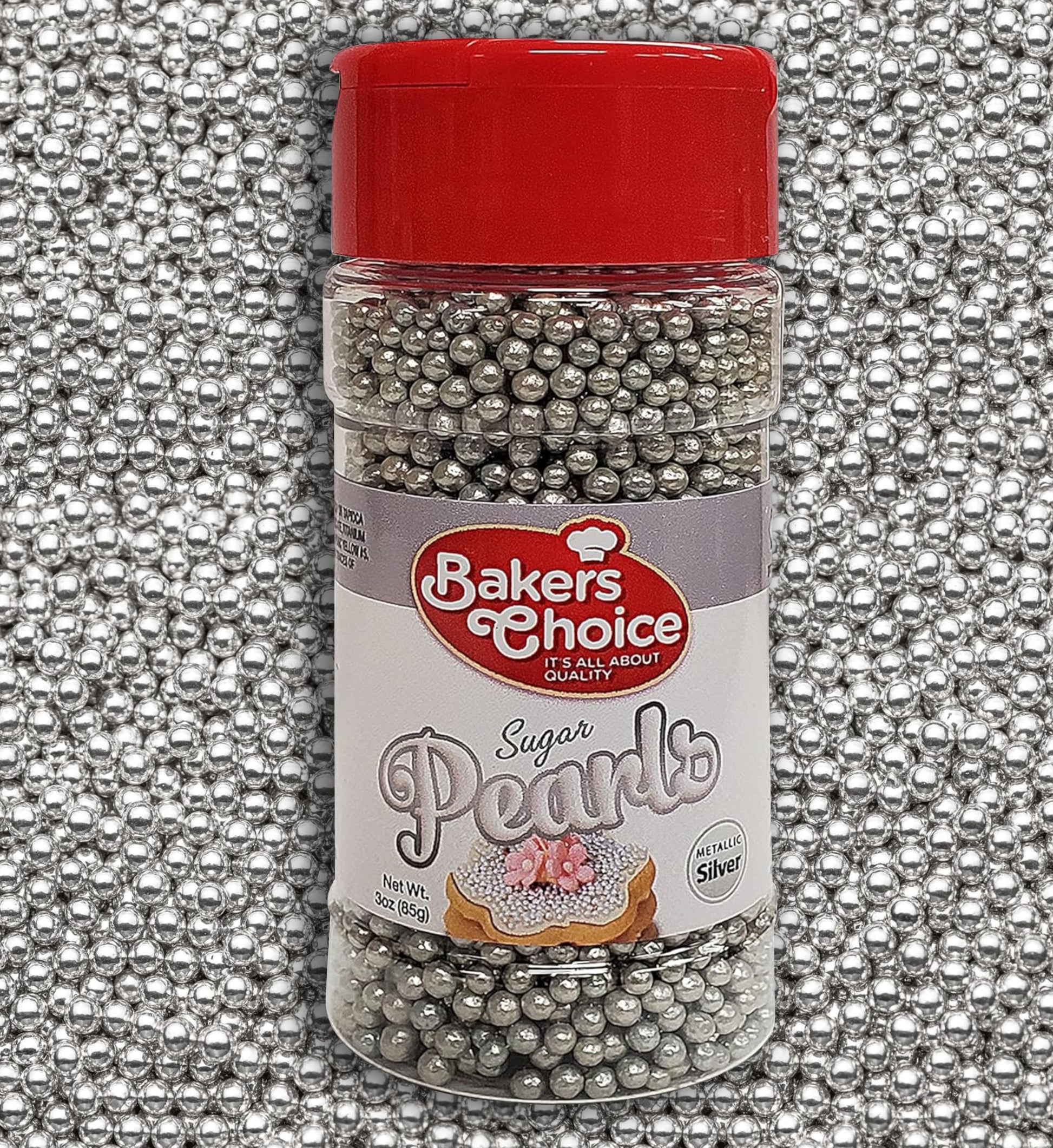 Bakers Choice Edible Pearls - Metallic Silver Sugar Pearls - Dairy Free - 3 oz.