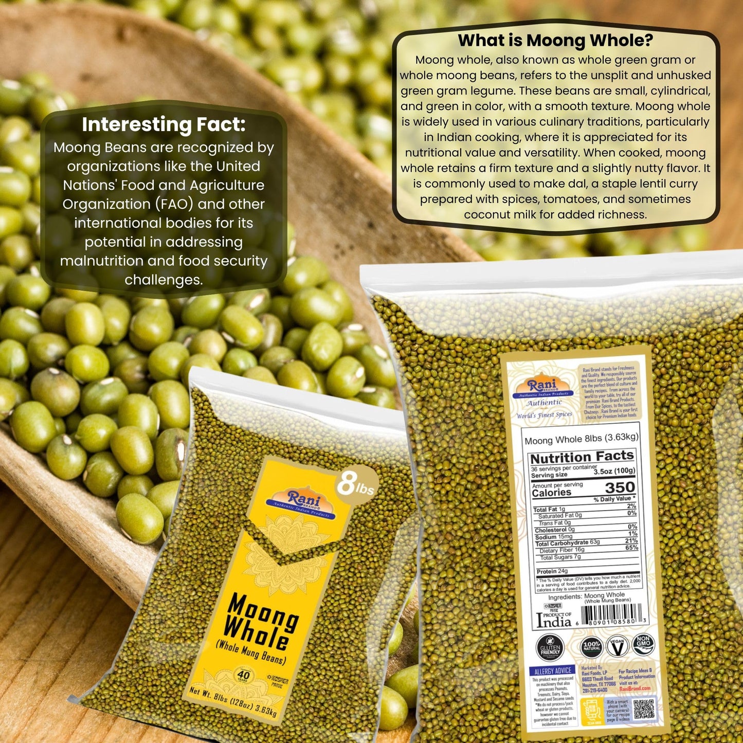 Rani Moong Whole (Ideal For Cooking & Sprouting, Whole Mung Beans With Skin) Lentils Indian 128Oz (8Lbs) 3.63Kg Bulk ~ All Natural | Gluten Friendly | Non-Gmo | Vegan | Indian Origin