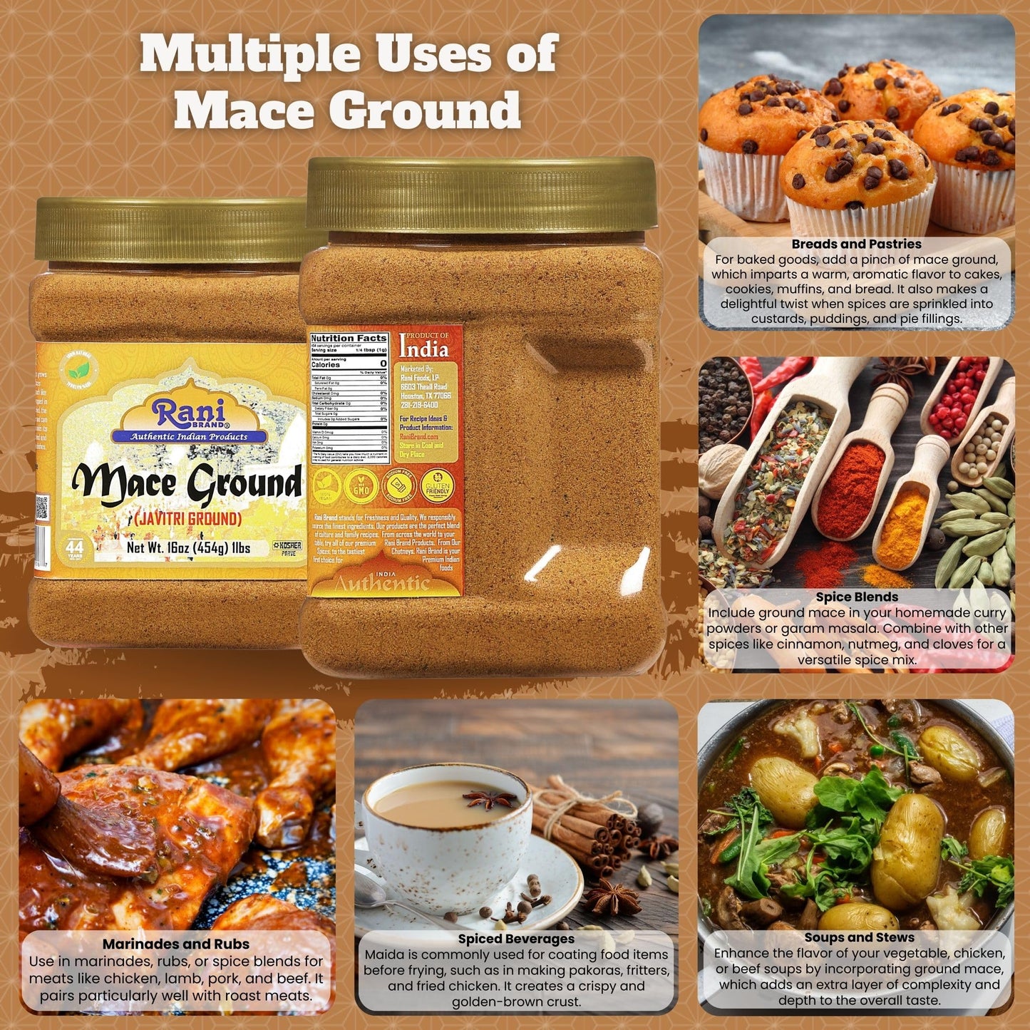 Rani Mace Ground (Javathri) Powder, Spice 16Oz (1Lb) 454G Pet Jar ~ All Natural | Vegan | Gluten Friendly | Non-Gmo | Kosher | I