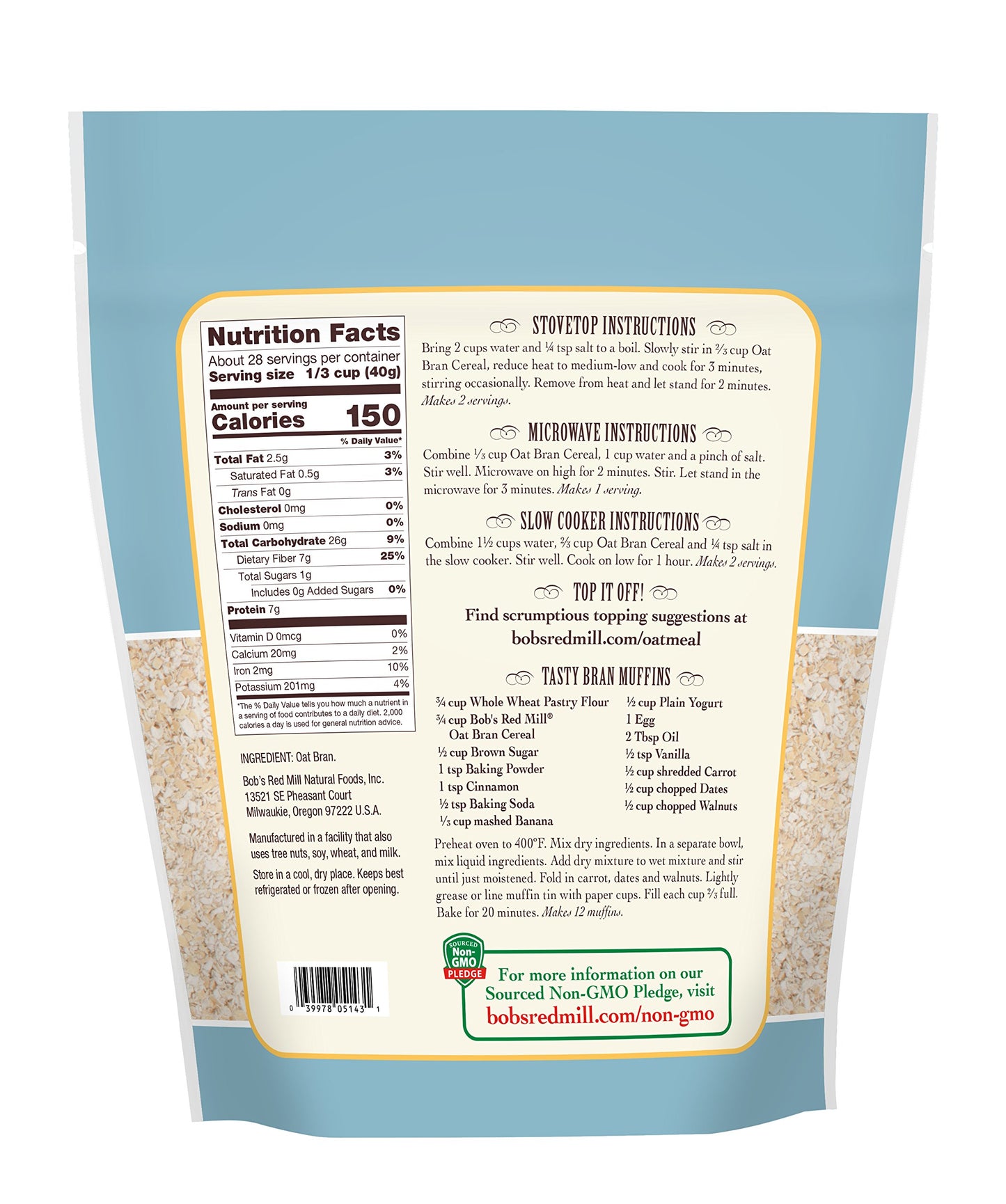 Bobs Red Mill Oat Bran Hot Cereal, 40 Ounce, Model 1350S40