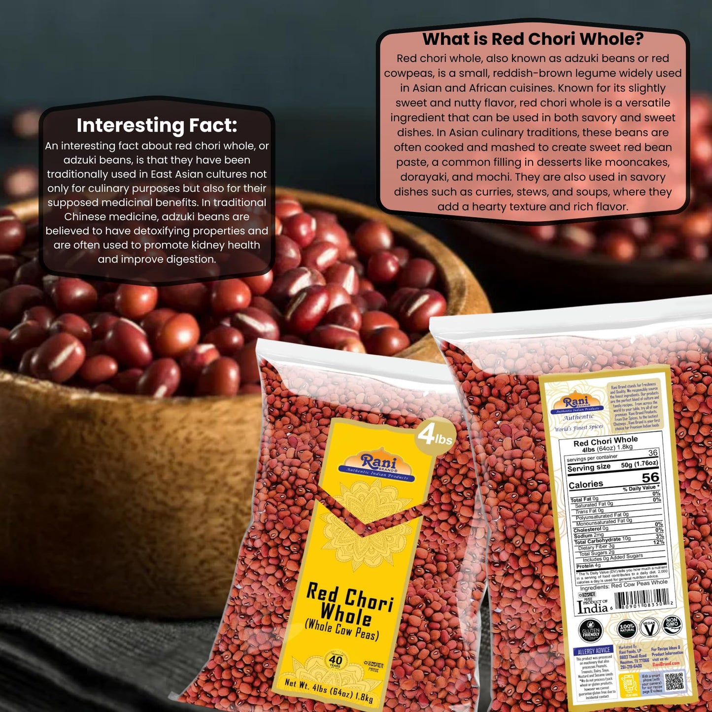 Rani Red Chori Whole (Adzuki Beans) 64oz (4lbs) 1.81kg Bulk ~ All Natural | Vegan | Gluten Friendly | NON-GMO | Kosher | India O