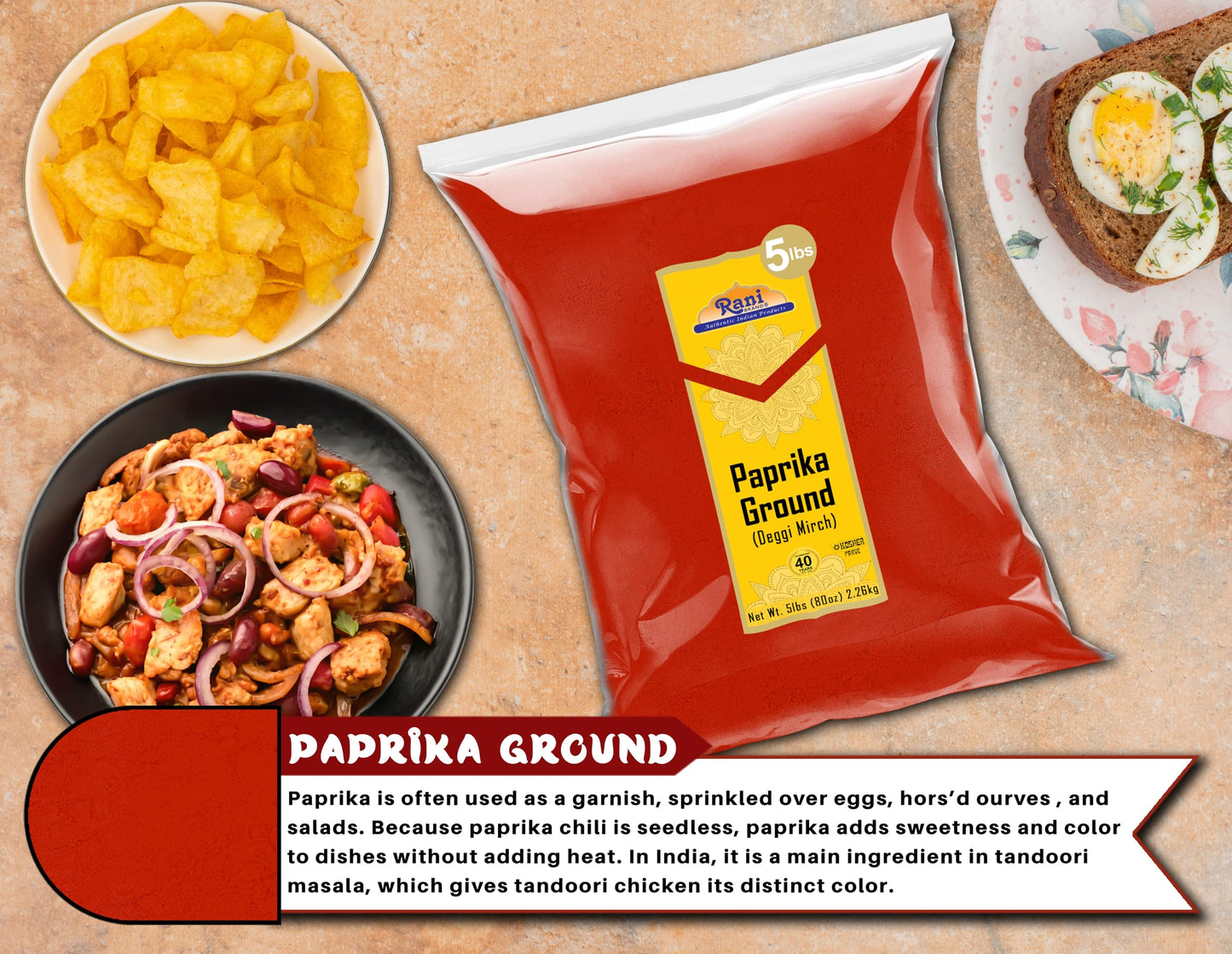 Rani Paprika (Deggi Mirch, Low Heat) Spice Powder, Ground 80Oz (5Lbs) 2.27Kg Bulk ~ All Natural, Salt-Free | Vegan | No Colors |