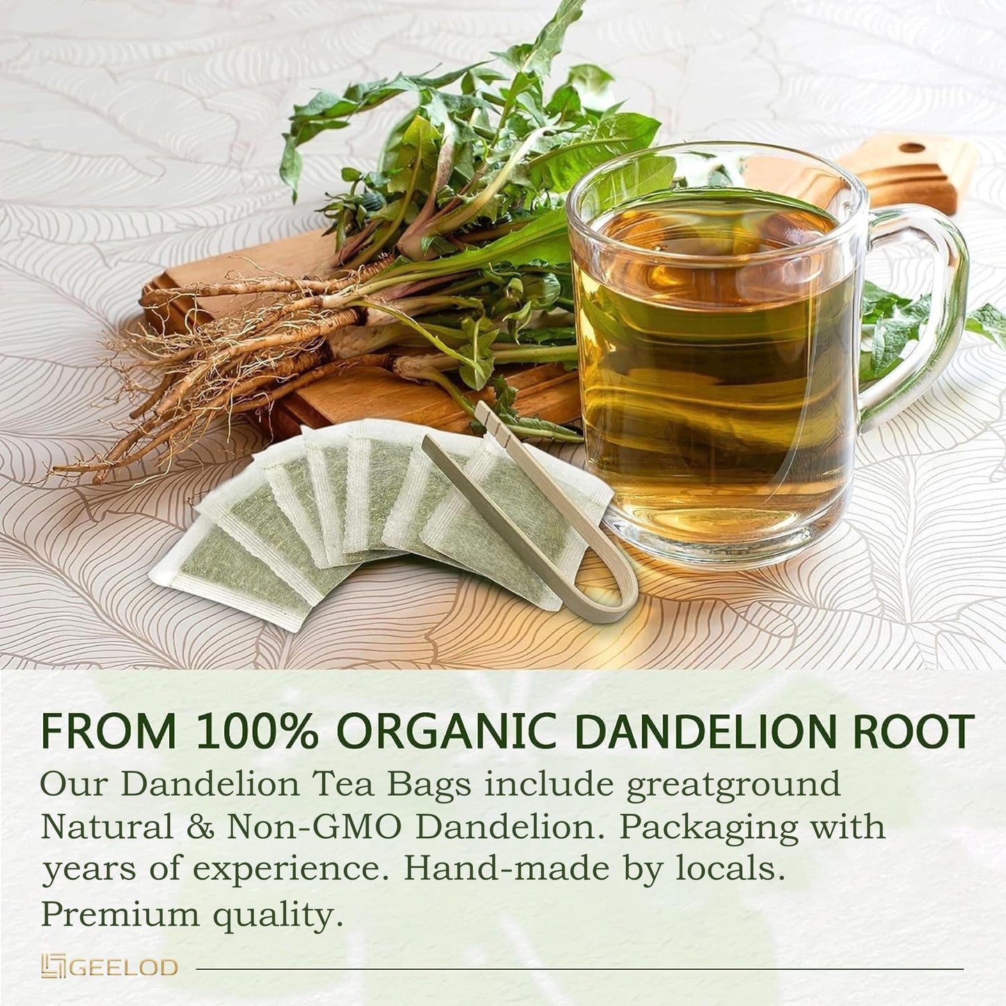 GEELOD Organic Dandelion Root Tea Bags, 70 Count, Non-GMO, Caffeine-Free, Vegan, Eco-Conscious