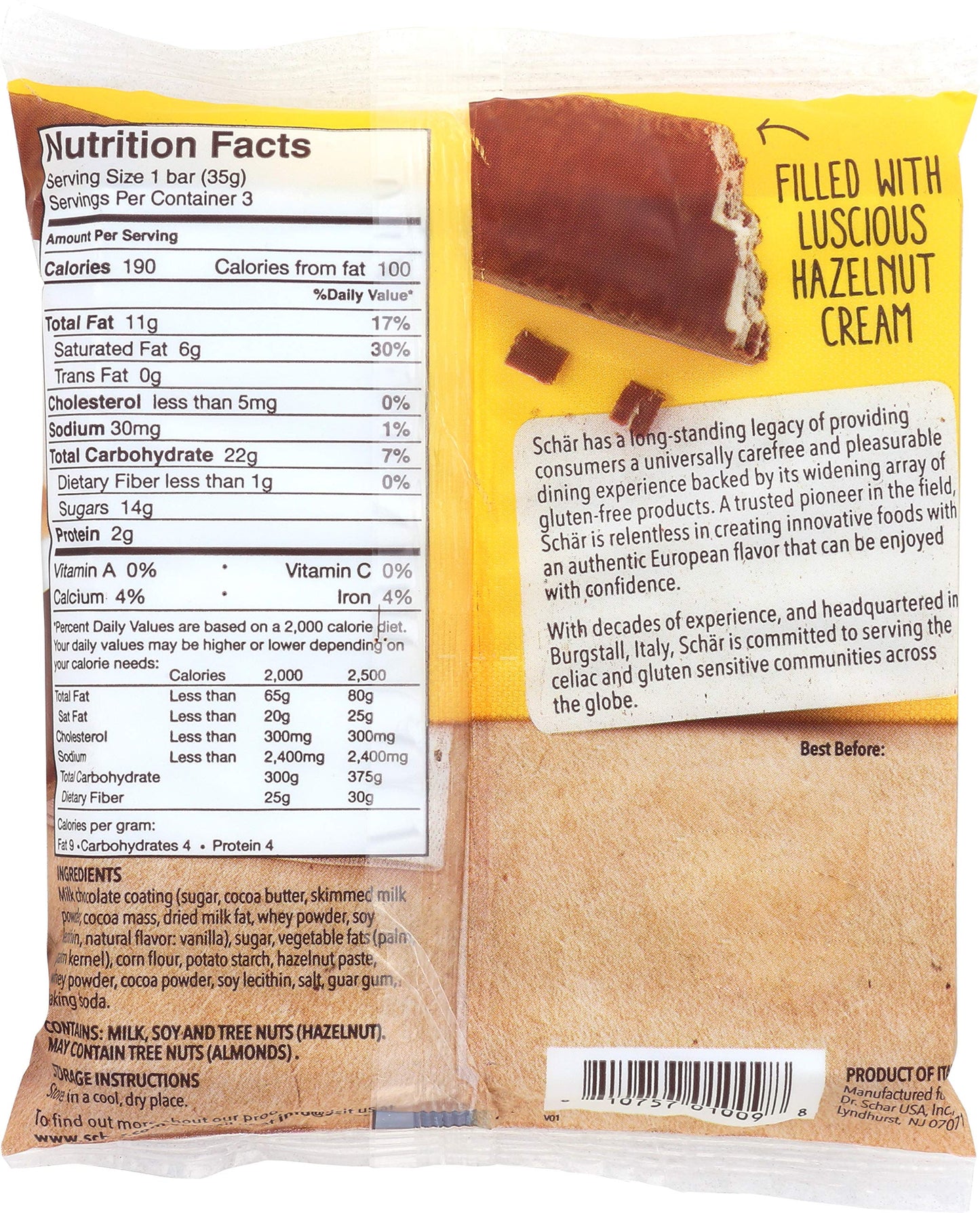 Schar Gluten Free Chocolate Hazelnut Bars 3-Count (6-Pack)