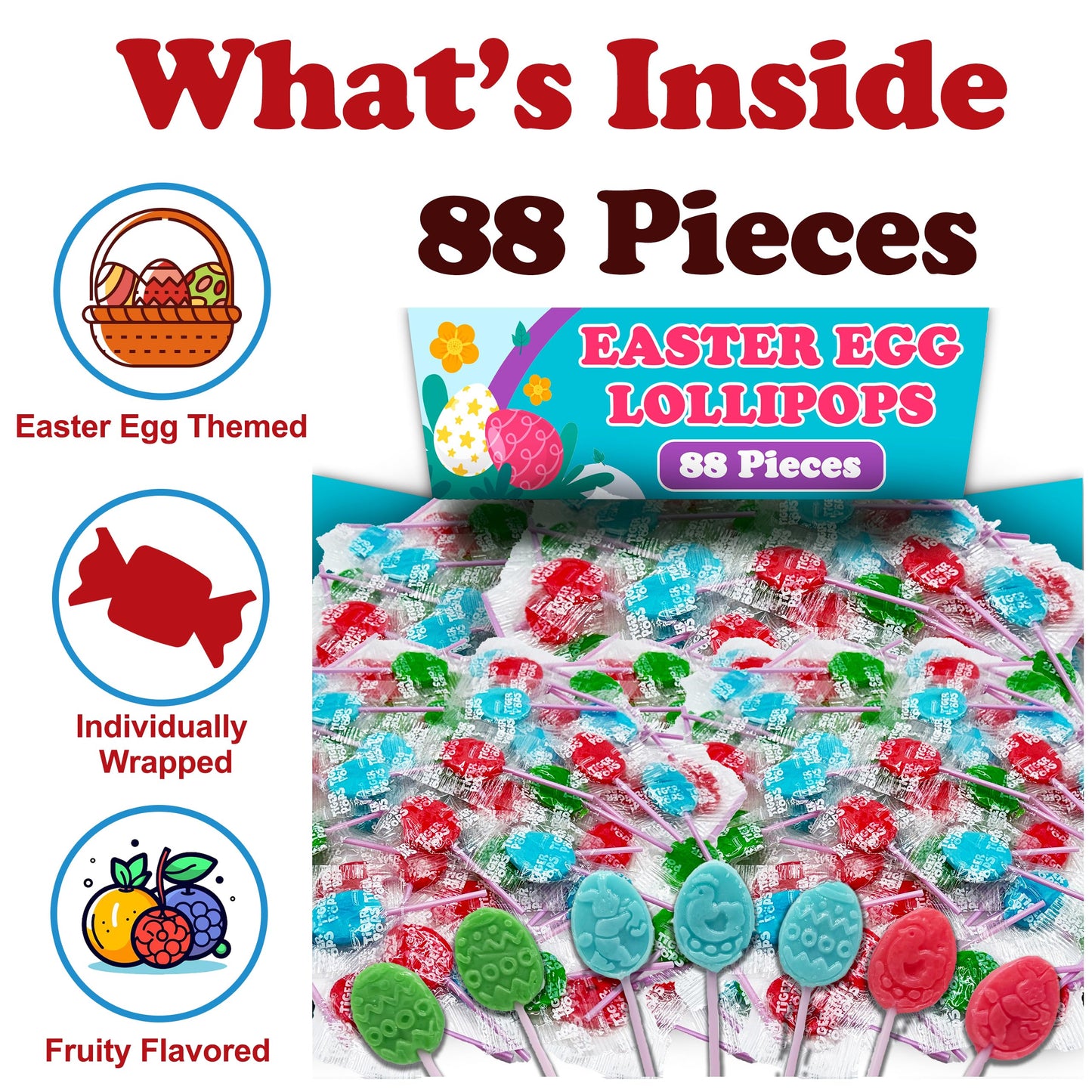 Egg Shaped Lollipops For Kids, 88 Count Individually Wrapped Suckers, Assorted Fruit Flavors Pack, Includes Easter Themed Design