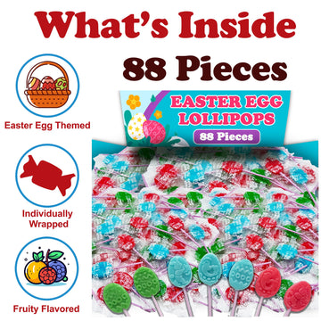 Egg Shaped Lollipops For Kids, 88 Count Individually Wrapped Suckers, Assorted Fruit Flavors Pack, Includes Easter Themed Design