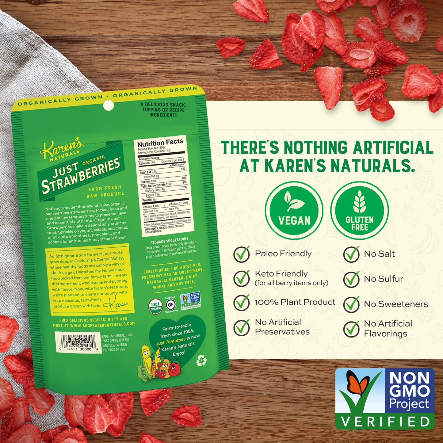 Karens Naturals Organic Freeze-Dried Strawberries, 1.2oz, Pack of 12 - Crunchy, Flavor Packed Freeze Dried Fruit Snack, Organic