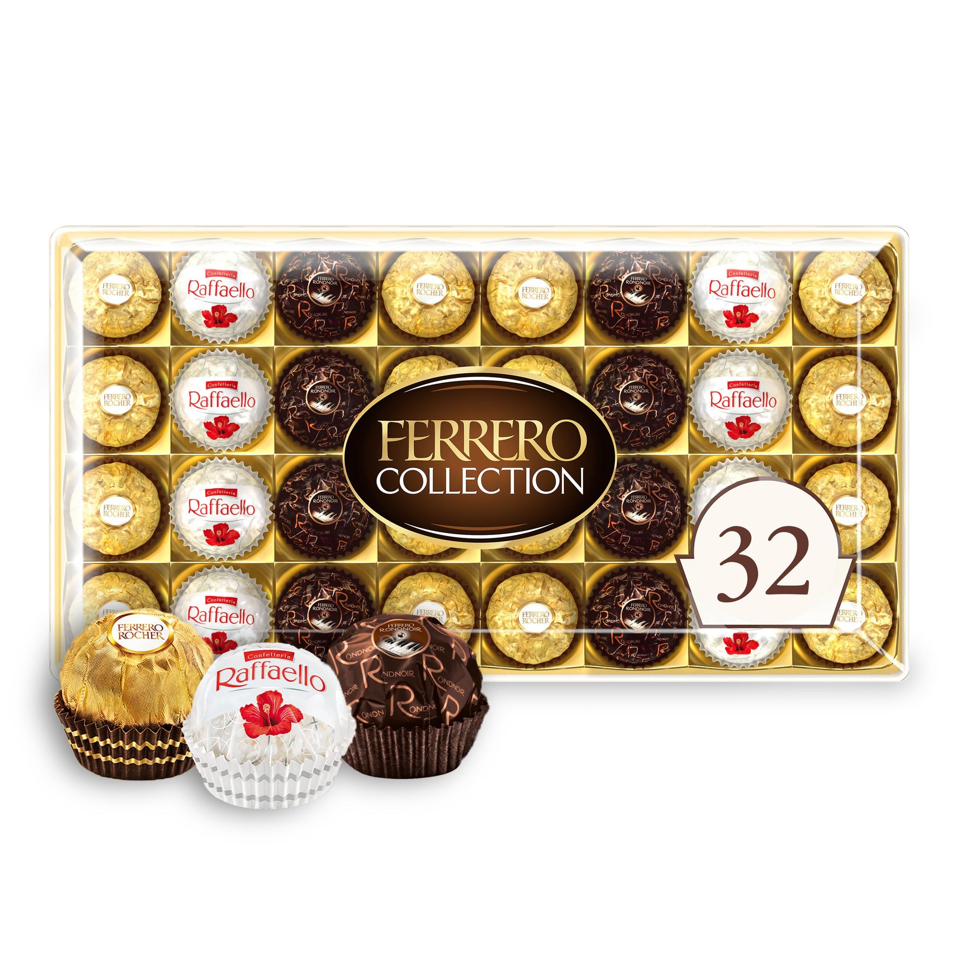 Ferrero Collection Top-Grade Chocolate Candy Assortment Of Hazelnut  Dark Chocolate And Coconut  32 Count Holiday Gift Box  12.7 Oz