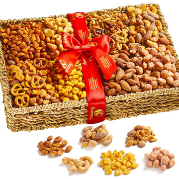 Nut Cravings Gourmet Nut Gift Basket - 2.5 lbs Seagrass Tray with Ribbon - 8 Assortments for Thanksgiving and Christmas