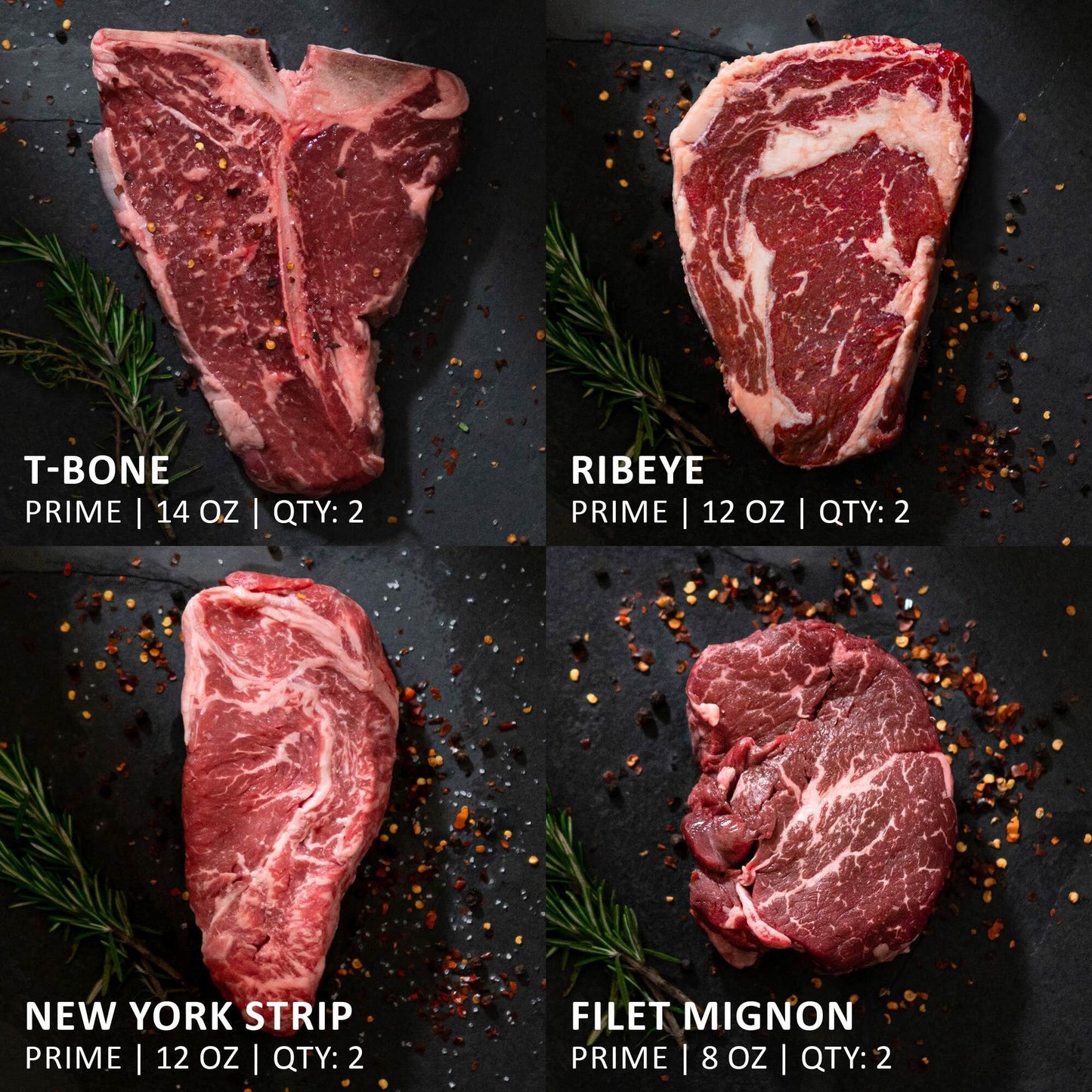 MeatWorks USDA Prime Steak Assortment Box - 4 Ribeye (12 oz), 2 NY Strip (12 oz), 2 Filet Mignon (8 oz) - Gourmet Steak Pack