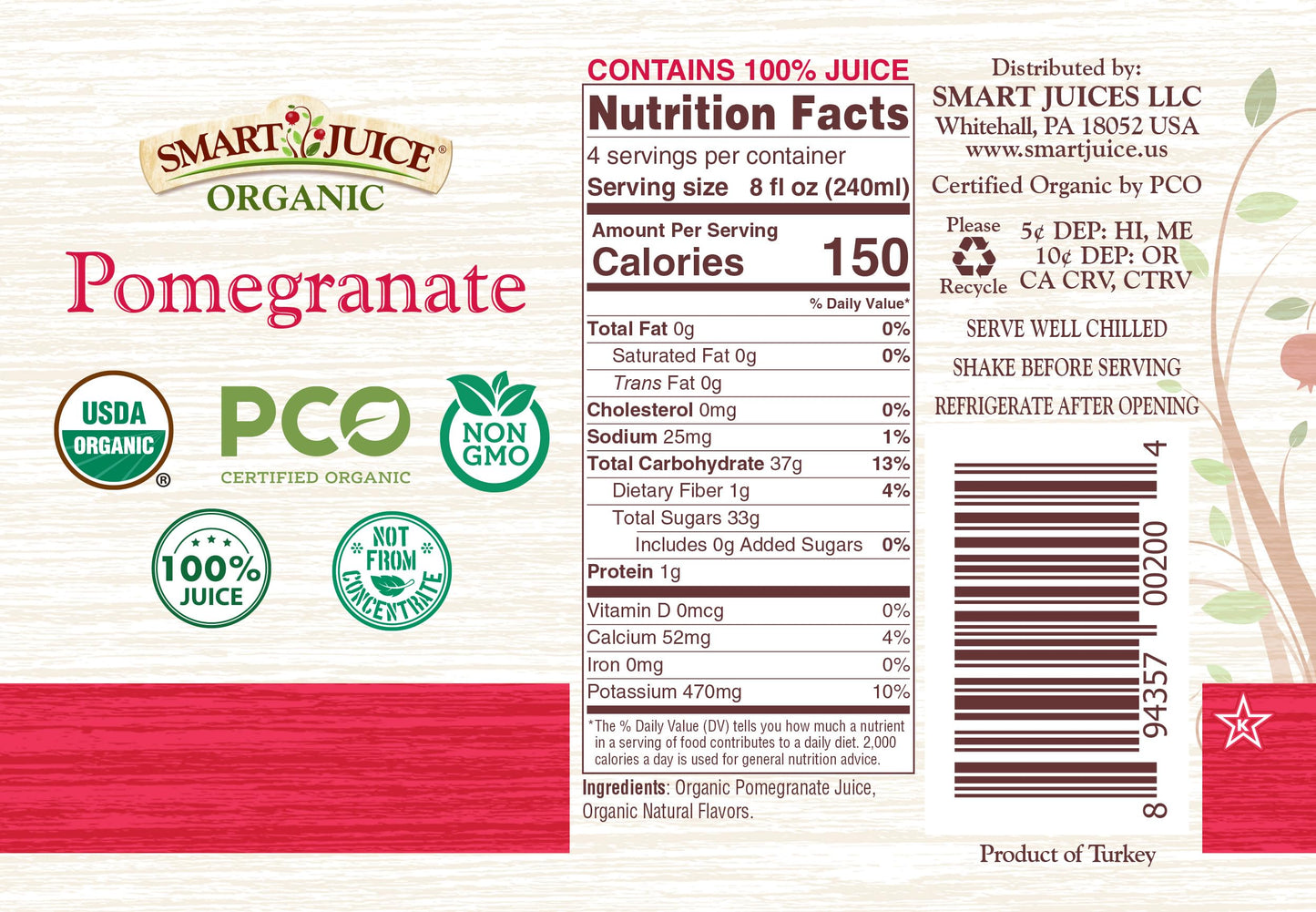 Smart Juice Organic Pomegranate Juice - 33.8 Fl Oz (1L) - (Case Of 6)