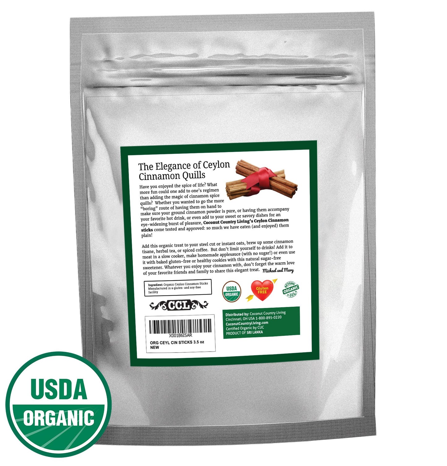 Coconut Country Living Organic Ceylon Cinnamon Sticks, Fair Trade, Gluten Free, 8 oz