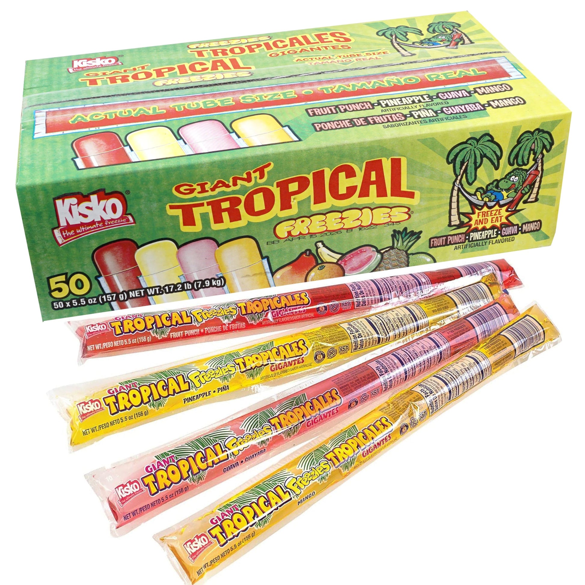 Kisko Giant Tropical Freezies, 50 Count Freeze Pops, 5.5oz Each, Fruit Punch, Pineapple, Guava and Mango Flavored Ice Pops