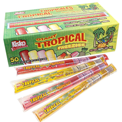 Kisko Giant Tropical Freezies, 50 Count Freeze Pops, 5.5oz Each, Fruit Punch, Pineapple, Guava and Mango Flavored Ice Pops