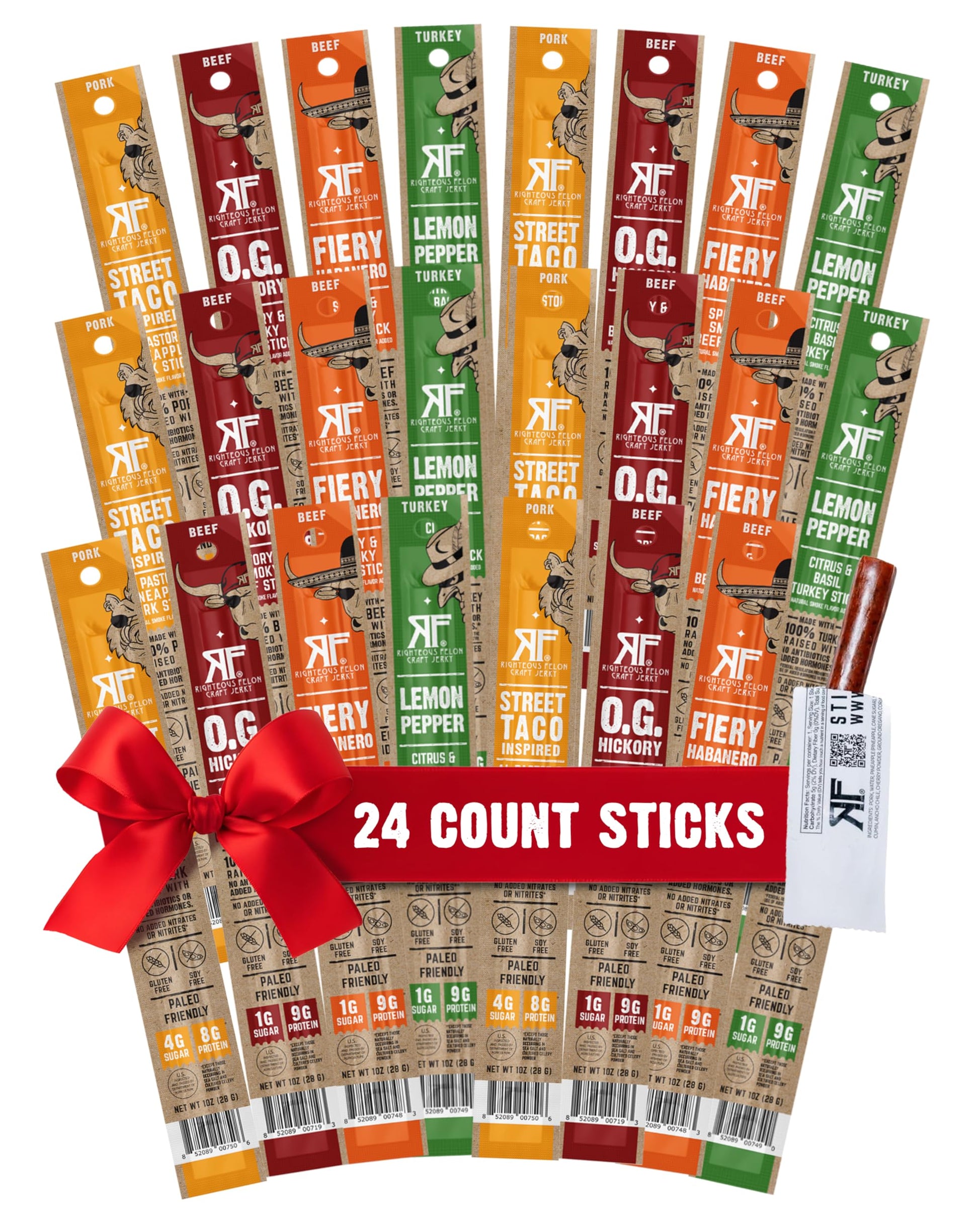 Righteous Felon Meat Sticks Variety Pack | Healthy Snack for mature-themeds | Gluten Free & Keto Meat Sticks | Low Sugar & High Protein | Turkey  Pork  Beef Sticks | Jerky Gifts for Men | 24 Pack