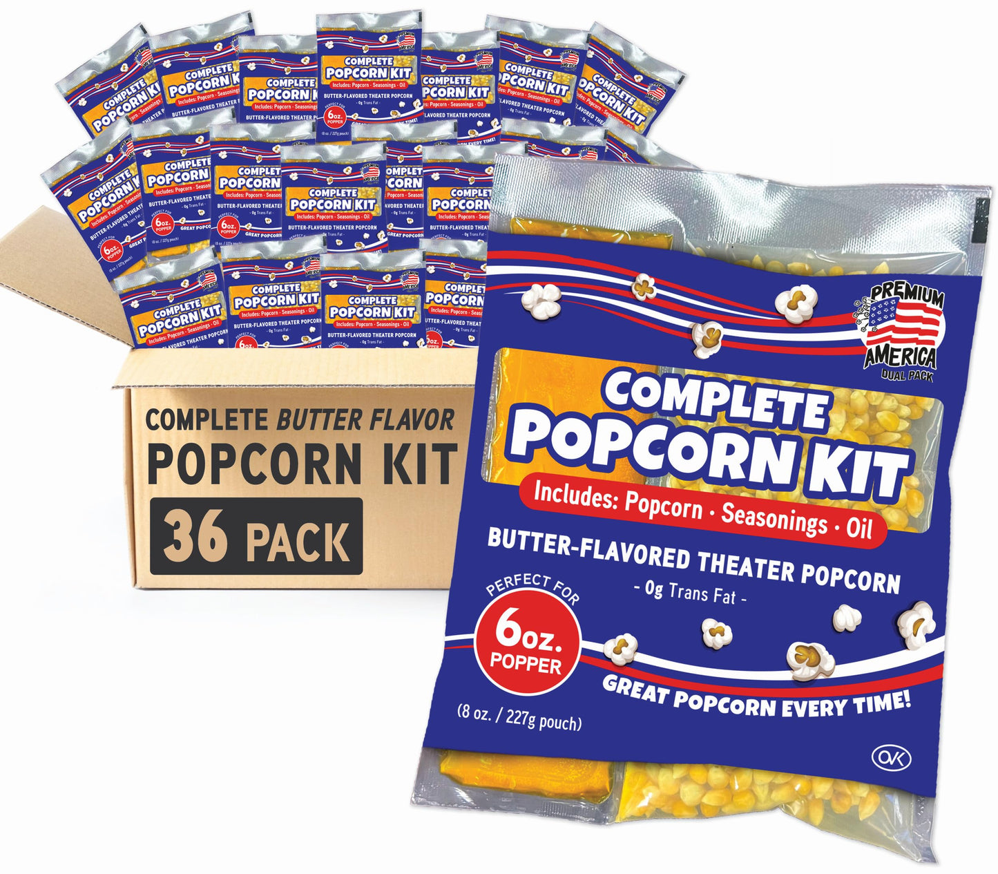 PREMIUM AMERICA Popcorn Kit, 36 Packs, 6oz Popper Kernels, Oil & Seasoning