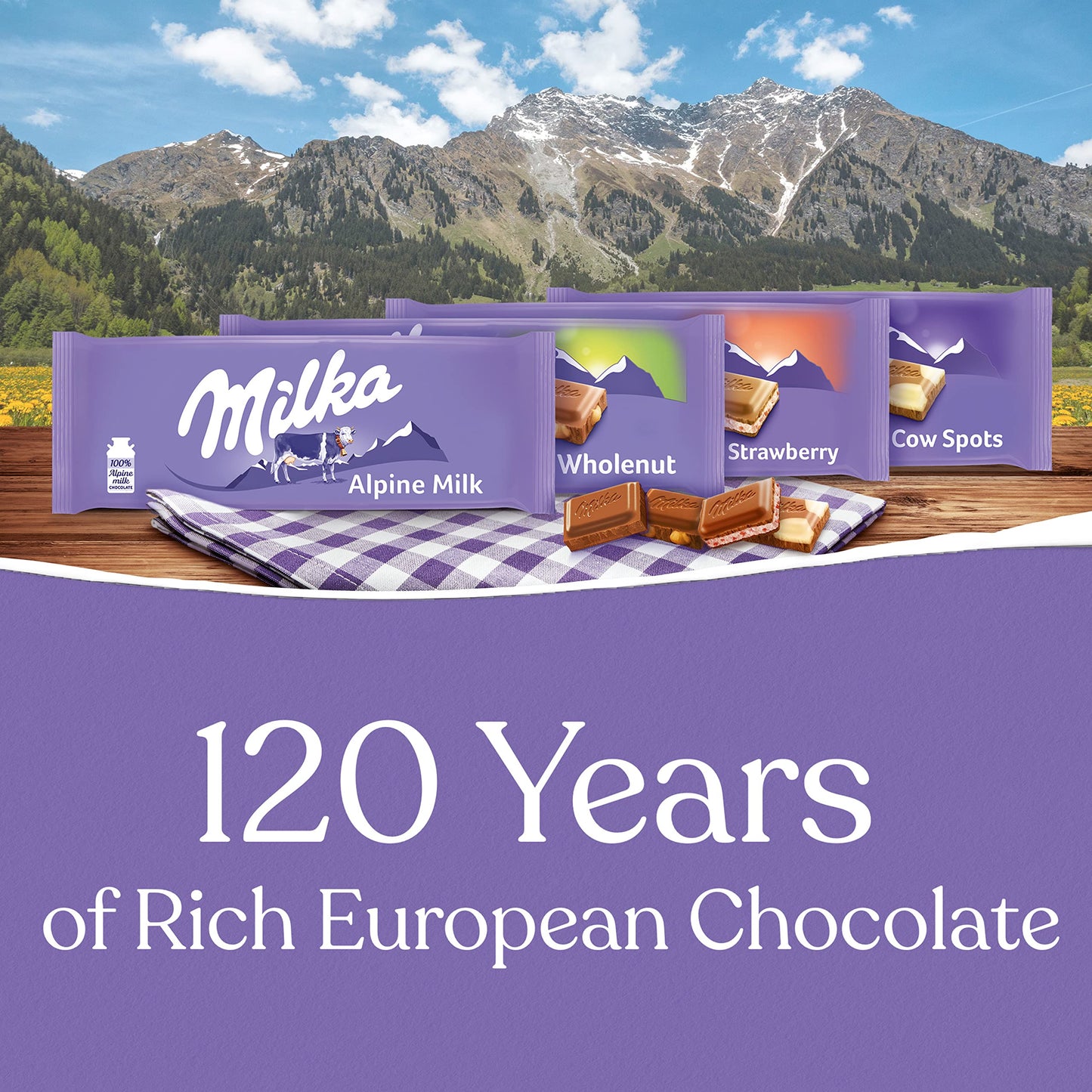 Milka Chocolate Bars Variety Pack, Alpine Milk, Cow Spots, Strawberry & Hazelnut, 10 Count