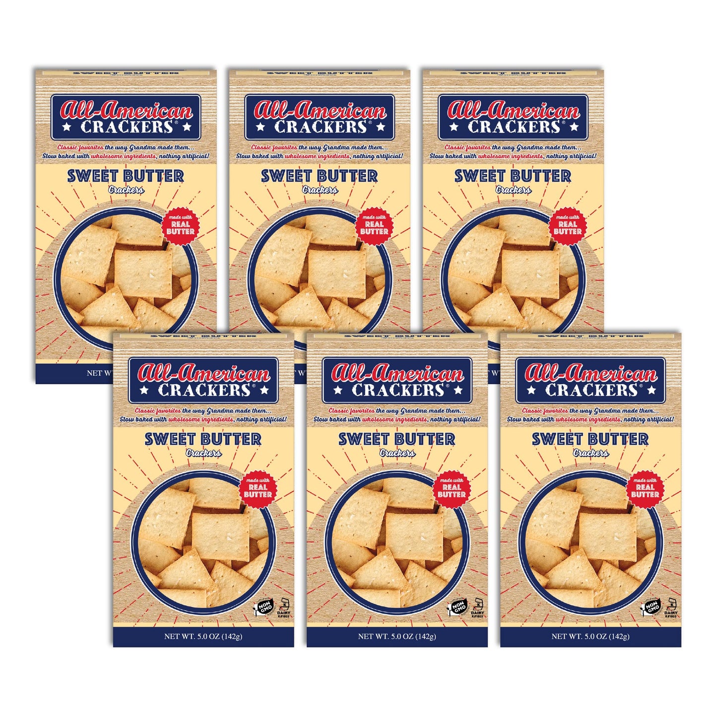 All-American Snack Crackers, Sweet Butter, 5 Ounce (Pack of 6), Made with Real Ingredients, Non-GMO, Kosher