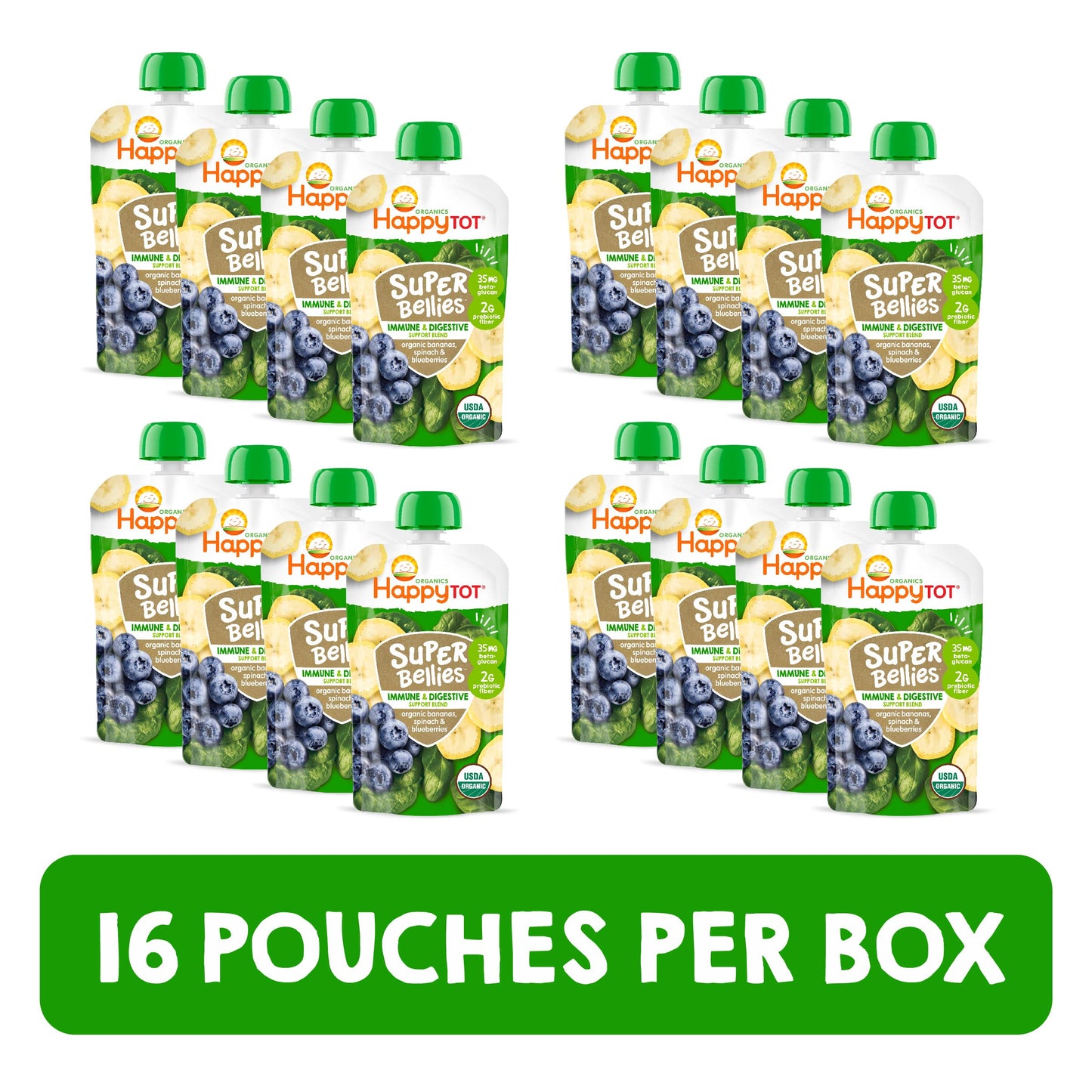 Happy Tot Organics Stage 4 Baby Food Pouches, Gluten Free, Vegan Snack, Super Bellies, Fruit & Veggie Puree, Banana, Spinach & B