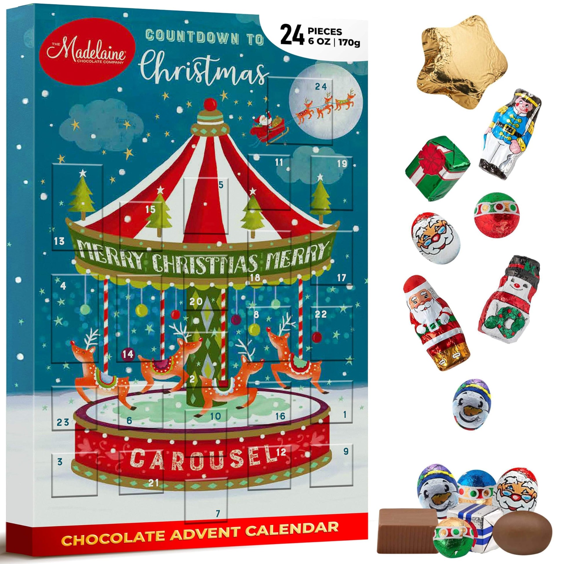 Madelaine 2025 Christmas Advent Calendar - Chocolate & Candy Christmas Countdown For Kids  Women  Men  Teen Girls & Boys - Holiday Treats Advent Calendars -Carousel - 6 Oz