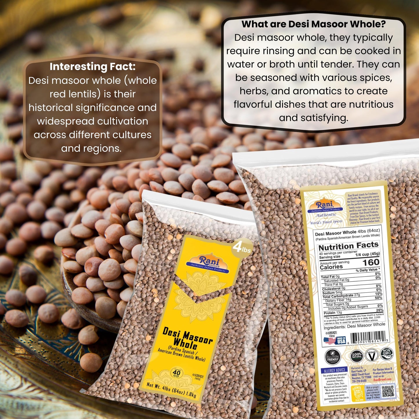 Rani Desi Masoor (Masur) Whole 64Oz (4Lbs) 1.81Kg (Aka. Pardina Spanish / American Brown Lentils Whole) Bulk ~ All Natural | Veg