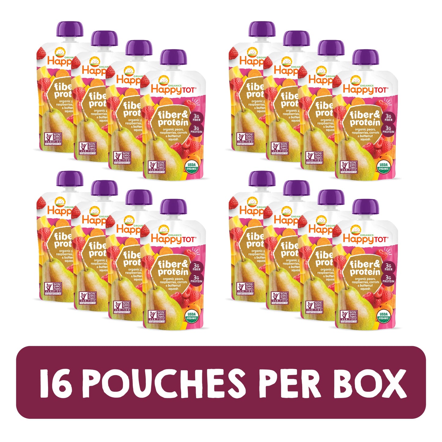 Happy Tot Organics Stage 4 Baby Food Pouches, Gluten Free, Vegan Snack, Fiber & Protein Fruit & Veggie Puree, Pears, Raspberries, Butternut Squash & Carrots, 4 Ounce(Pack Of 16)