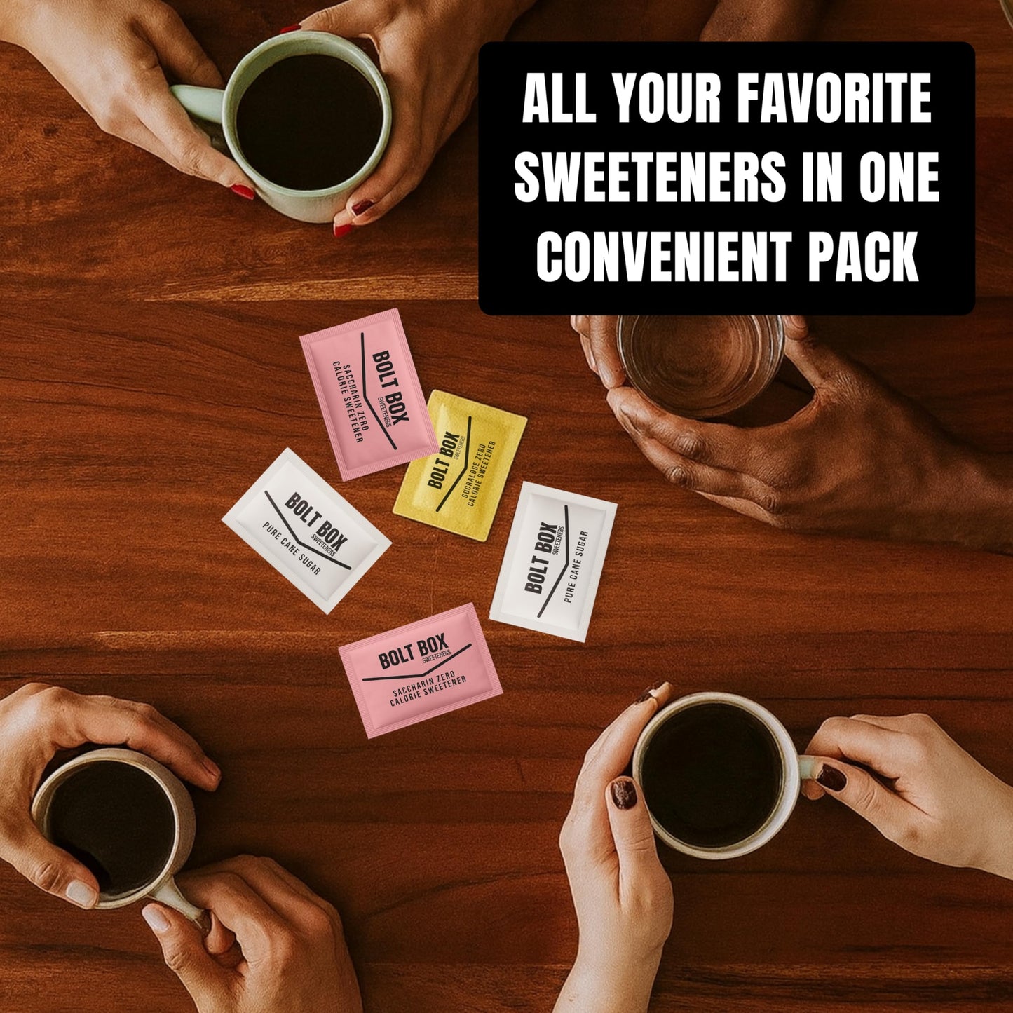 (400 total, 100 each) Bolt Box Sugar & Sweetener Packets Box - Cane Sugar, Substitute Packets, Plastic Coffee Stirrers