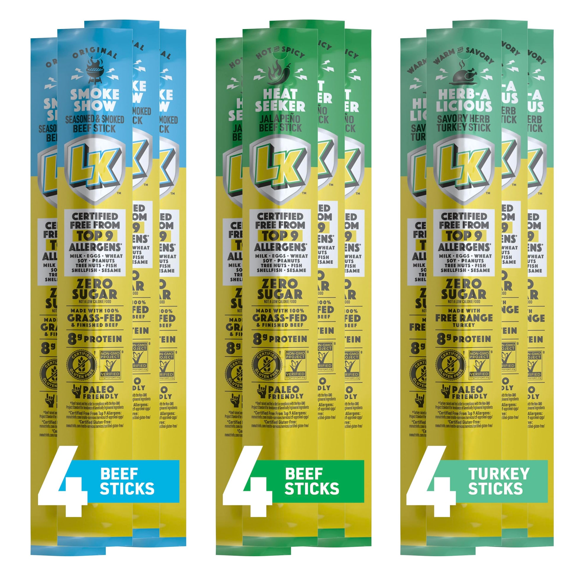 Lorissa'S Kitchen Premium Grass-Fed & Finished Beef & Free Range Turkey Jerky Snack Sticks 12-Pack: 8G Protein, Certified Free F