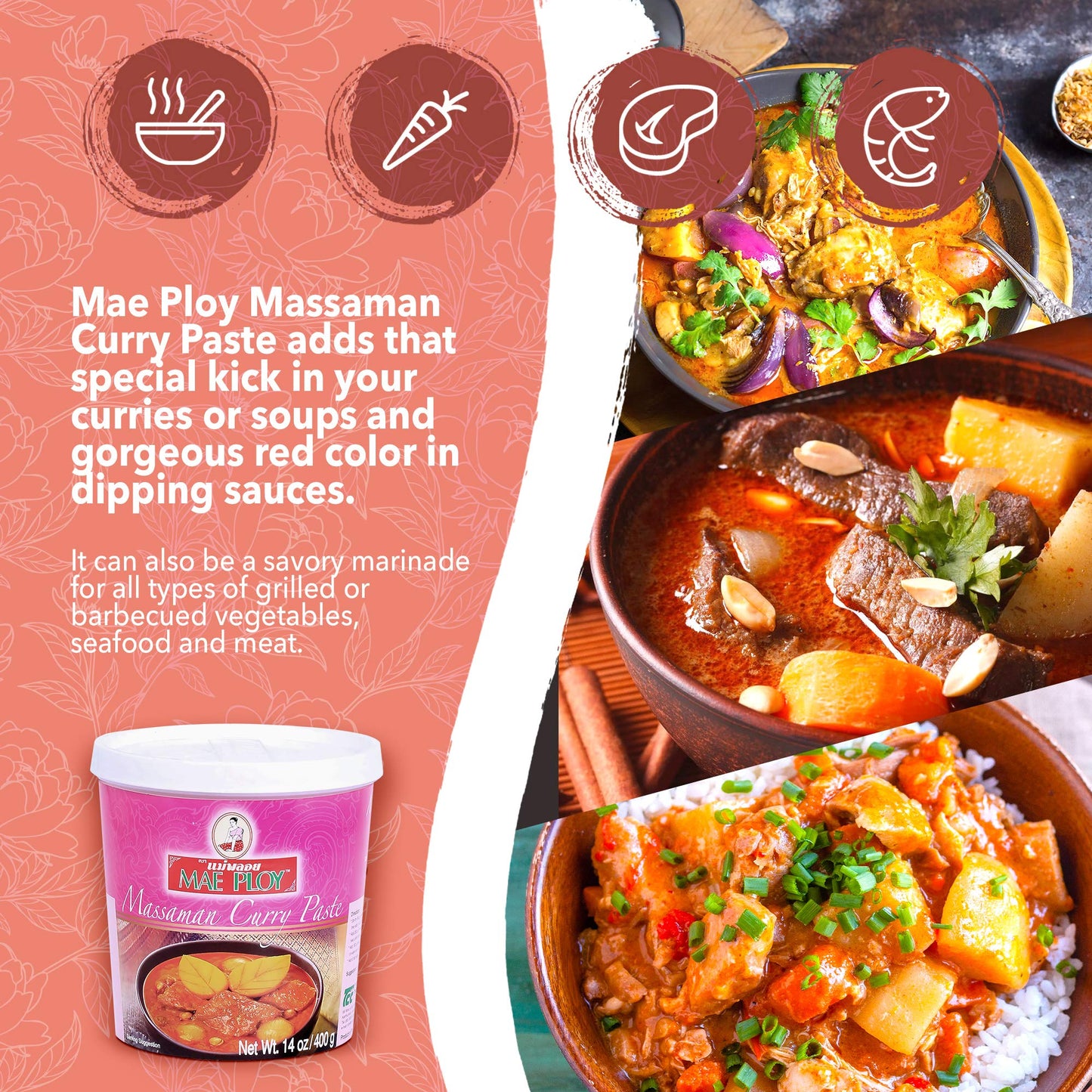 Mae Ploy Massaman Curry Paste, Authentic Thai Masaman Curry Paste For Thai Curries And Other Dishes, Aromatic Blend Of Herbs, Spices And Shrimp Paste (14 Oz Tub)