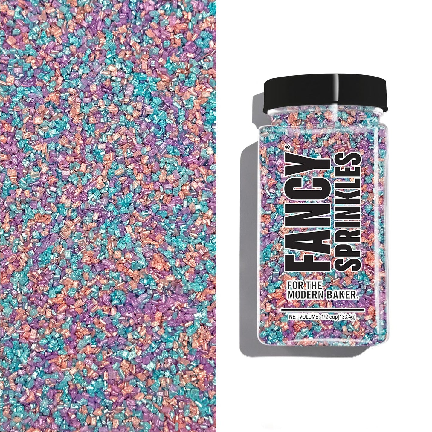 Fancy Sprinkles Opal Rain Fancy Sugar Pearlescent Peach, Lavender, and Pale Blue Sugar Crystals Flecked Silver Mini Edible Glitt