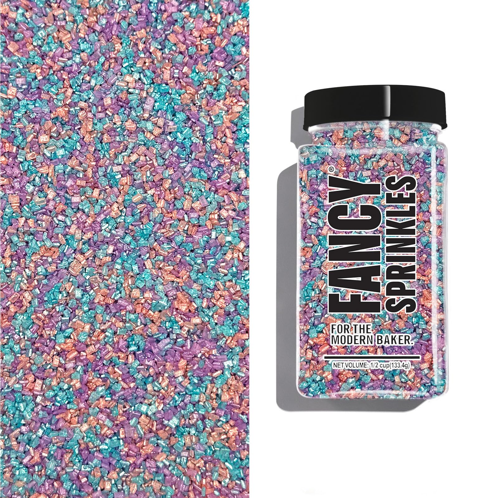 Fancy Sprinkles Opal Rain Fancy Sugar Pearlescent Peach, Lavender, and Pale Blue Sugar Crystals Flecked Silver Mini Edible Glitt
