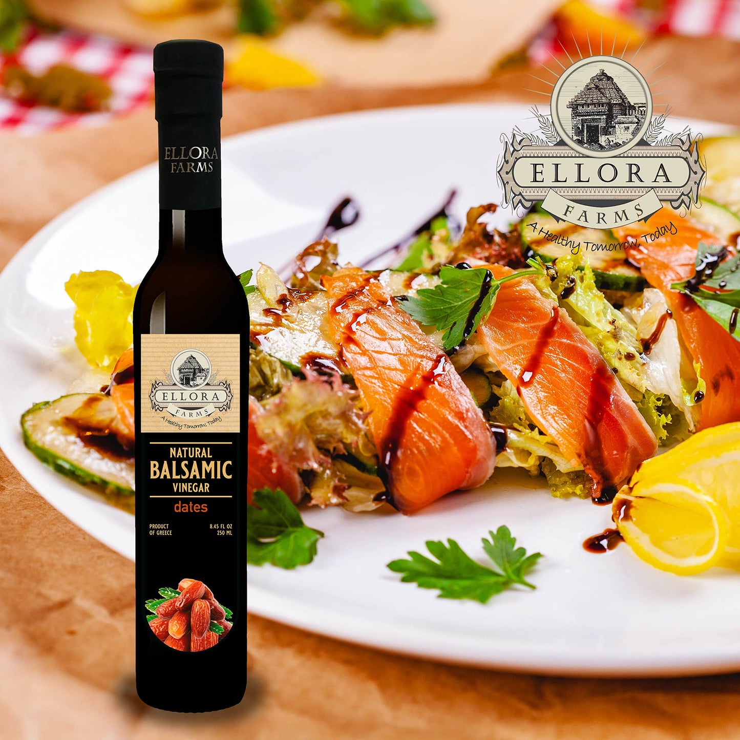 Ellora Farms, Dates Infused Thick Balsamic Vinegar, Barrel Aged, No-Additives, No-Added Sugar, No-Preservatives, Dark Glass Bott