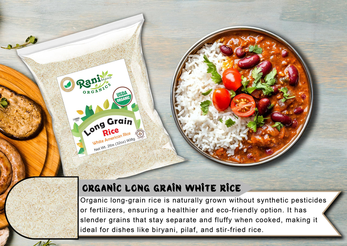 Rani Organic Long Grain White Rice 32Oz (2Lbs) 908G ~ All Natural | Gluten Friendly | Vegan | Non-Gmo | Kosher | Product Of Usa