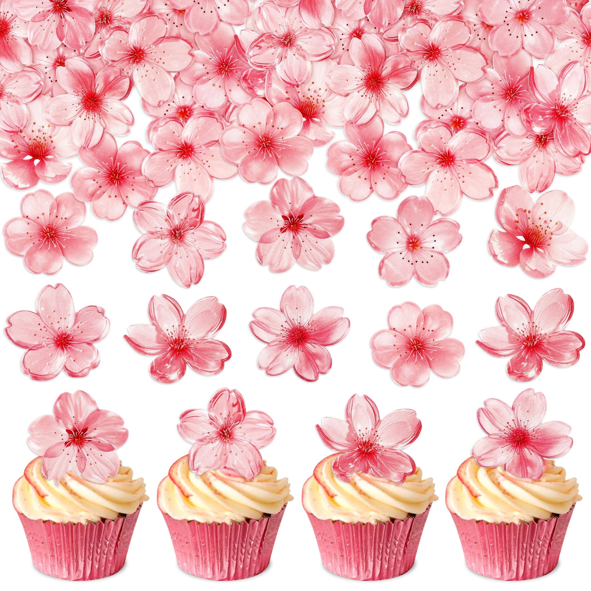 Ercadio 40 Pack Edible Cherry Blossom Cupcake Toppers Flower Cake Drink Topper Picks Spring Bridal Engagement Baby Shower Birthd