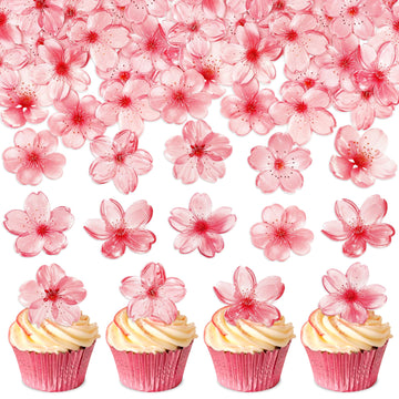 Ercadio 40 Pack Edible Cherry Blossom Cupcake Toppers Flower Cake Drink Topper Picks Spring Bridal Engagement Baby Shower Birthd