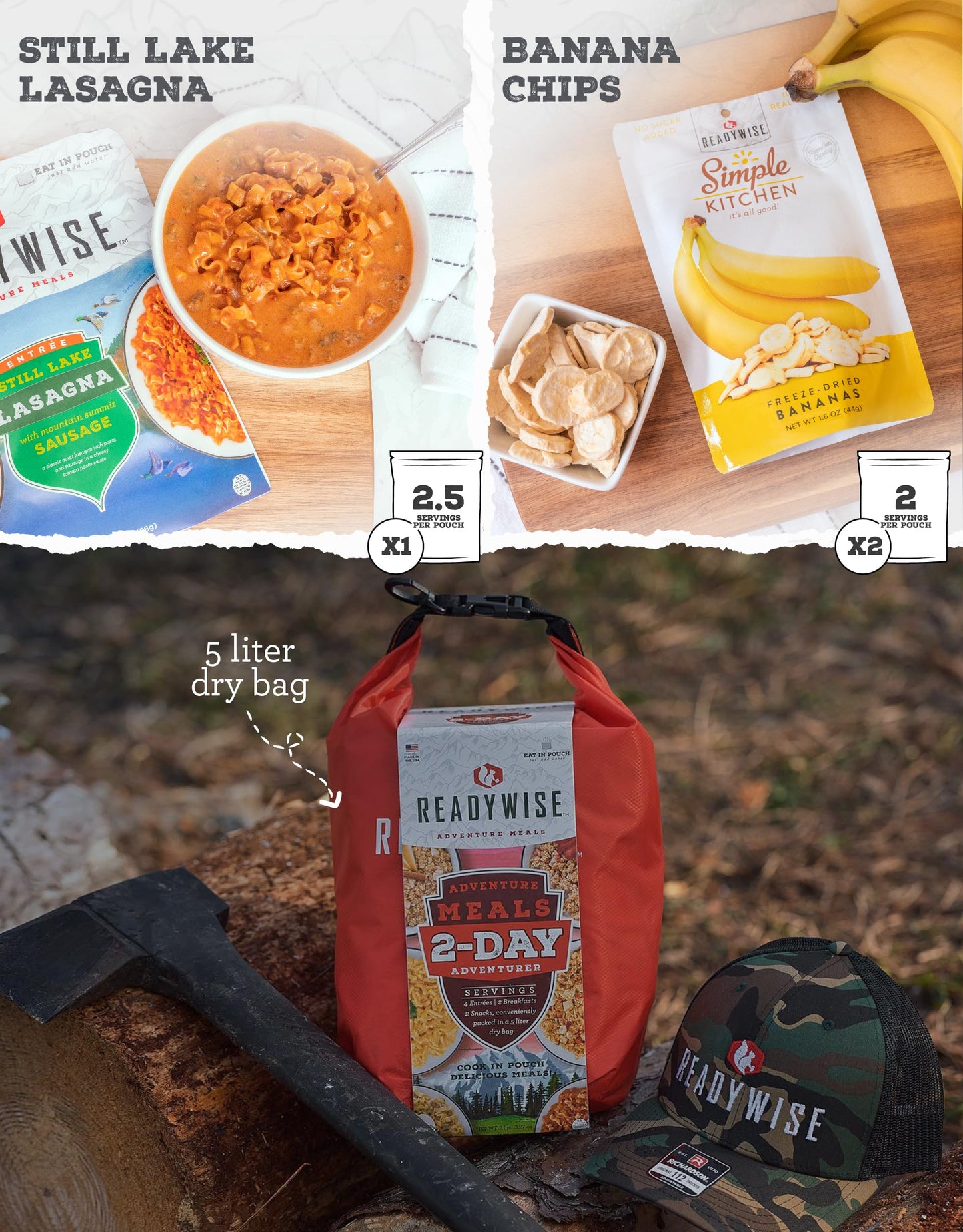 Readywise 2-Day Adventure Bag | Freeze-Dried Backpacking & Camping Food | Waterproof Dry Bag | 23 Servings