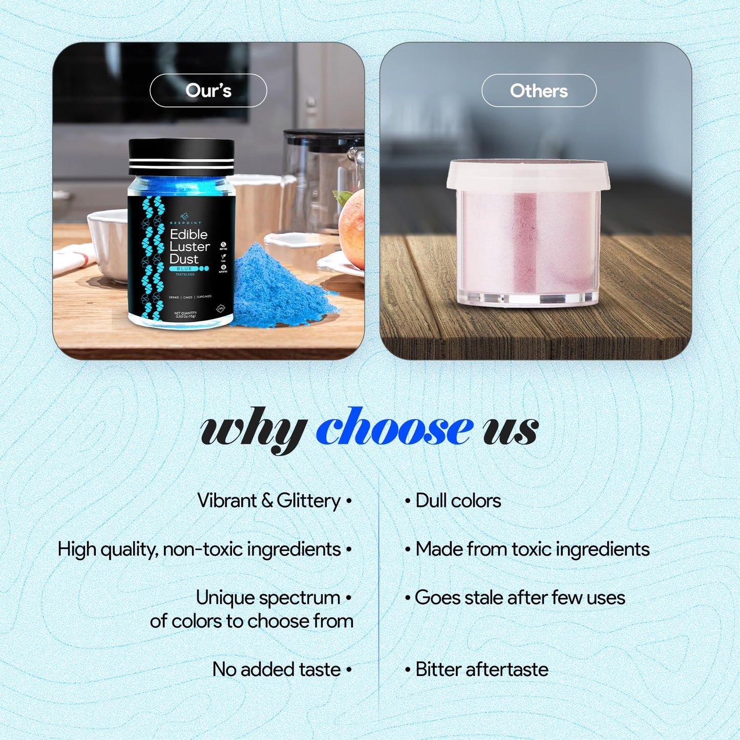BeePoint Edible Glitter Luster Dust - Vibrant Blue Shimmer Powder for Baking & Decorating - 15g Food Grade, Vegan & Gluten Free