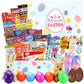 BLUE RIBBON, Easter Gift Basket (82 Count) Care Package with Two Plush Bunny Treats Snacks Cookies Candy Toys Gift Box for Kids 