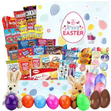 BLUE RIBBON, Easter Gift Basket (82 Count) Care Package with Two Plush Bunny Treats Snacks Cookies Candy Toys Gift Box for Kids 